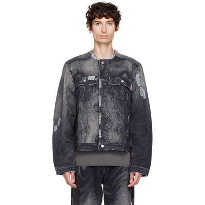 CAMPERLAB CAMPERLAB Black Distorted Print Distressed Denim Jacket