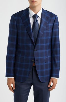 Canali Canali Siena Regular Fit Navy Windowpane Check Super 130s Wool Sport Coat 