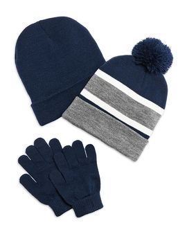 Capelli Capelli Boys' Striped Rib Knit Cuff Hat, Solid Knit Hat & Gloves Set
