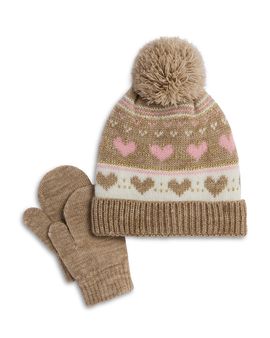 Capelli Capelli Girls' Heart Fairisle Hat with Rib Knit Cuff & Mittens Set