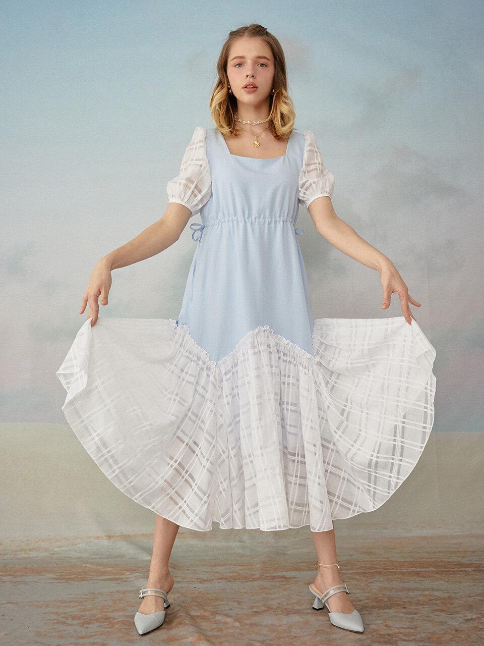 capricieux Check Mixed Long Dress Blue