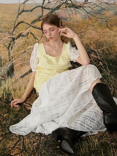 capricieux Check Mixed Long Dress Yellow