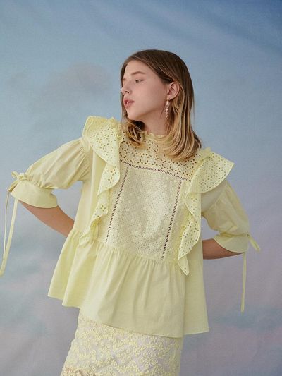 capricieux Cotton Lace Mixed Blouse Yellow