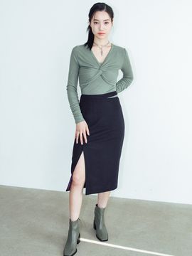 capricieux Slit Midi Wool Skirt (Navy)