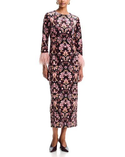 Cara Cara Cara Cara Dayna Printed Feather Trim Maxi Dress