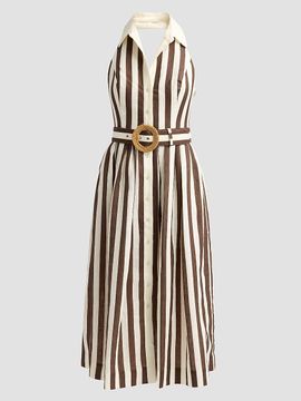 Cara Cara Women's Quentin Striped Linen Button-Front Halter Midi Dress