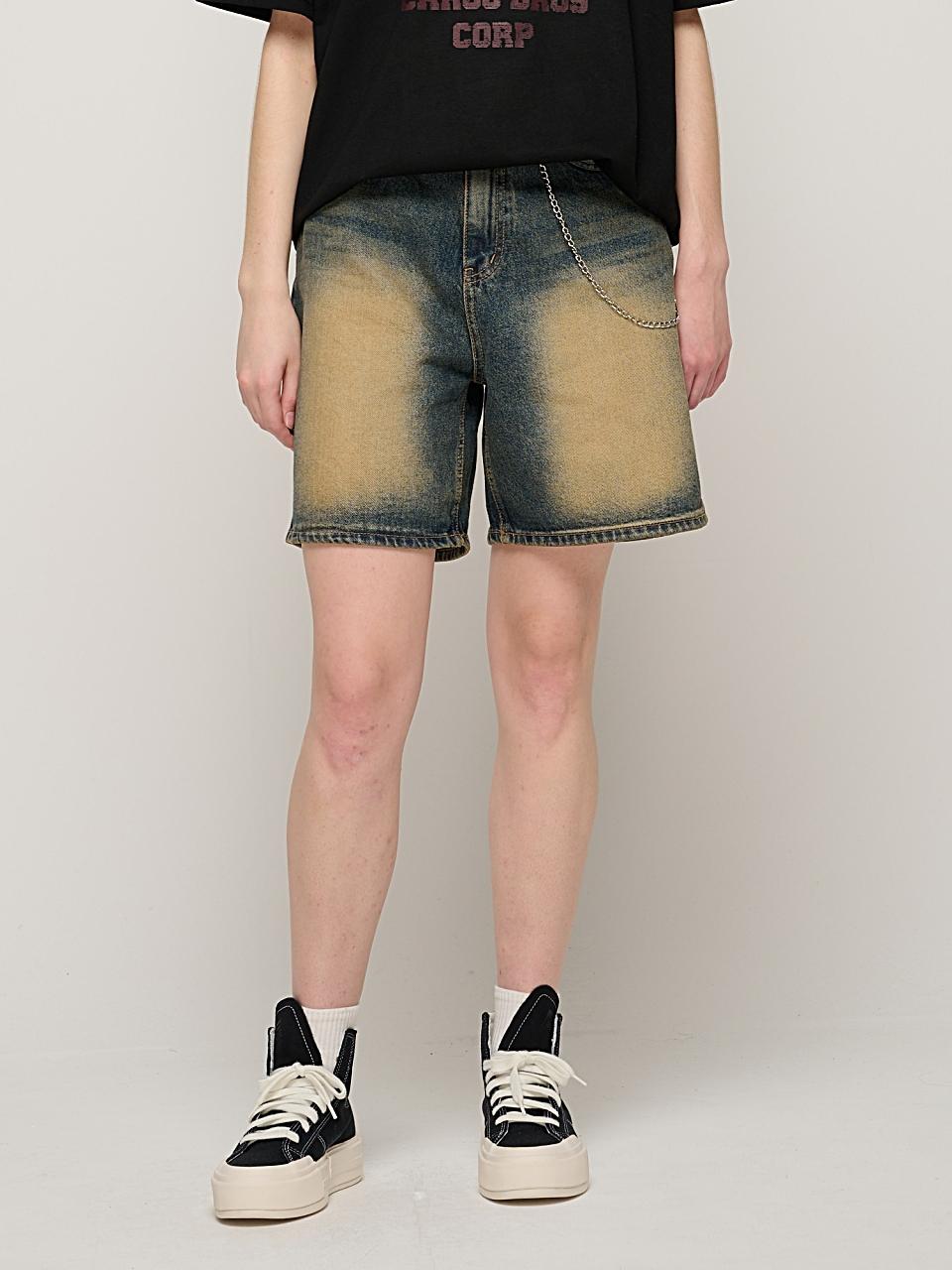 CARGOBROS Front washed wide denim shorts (Deep blue)