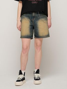 CARGOBROS Front washed wide denim shorts (Deep blue)