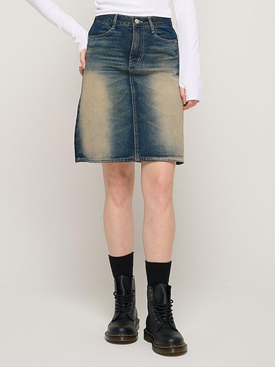 CARGOBROS Front washed wide denim skirt (blue)