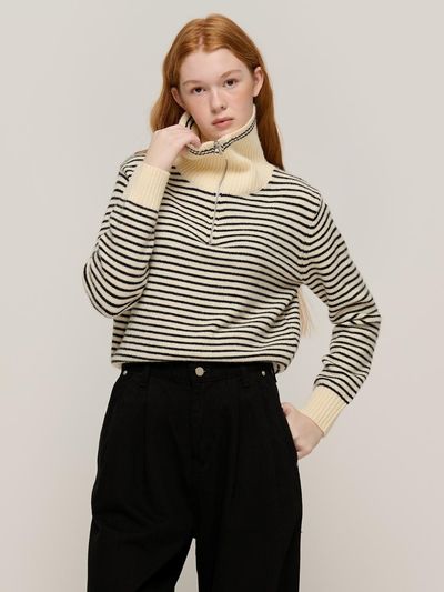 CARGOBROS Stripe Half Zip-Up Casual Knitwear (beige)