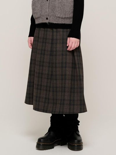 CARGOBROS wool checkered pleats maxi long skirt (Gray)