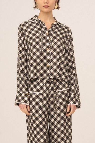 Carmen Says Carmen says Classic Betty Geometric Print Shirt Top in Oyster, Women's at Urban Outfitters