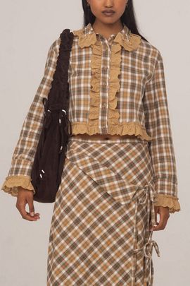 Carmen Says Carmen Says Willow Plaid Crop Shirt Top in Brown, Women's at Urban Outfitters