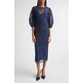 Carolina Herrera Carolina Herrera Balloon Sleeve Lace Midi Pencil Dress