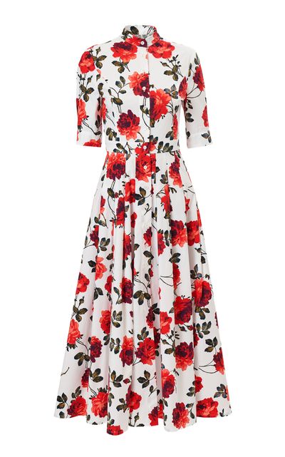 Carolina Herrera Carolina Herrera Buttoned StemmedRosePrinted StretchCotton Shirt Dress White
