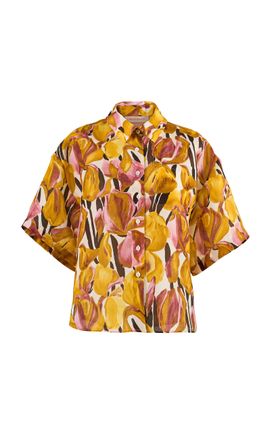 Carolina Herrera Carolina Herrera Collared Iris Print Silk Gazar Shirt