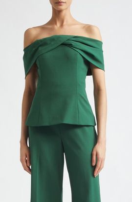 Carolina Herrera Carolina Herrera Draped Off the Shoulder Stretch Virgin Wool Top