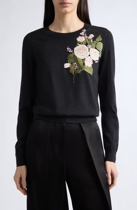 Carolina Herrera Carolina Herrera Embroidered Flower Stretch Wool Sweater