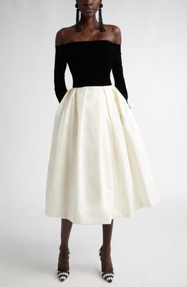 Carolina Herrera Carolina Herrera Off the Shoulder Long Sleeve Velvet & Satin Midi Dress