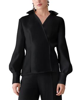 Carolina Herrera Carolina Herrera Silk Puff Sleeve Collared Wrap Top