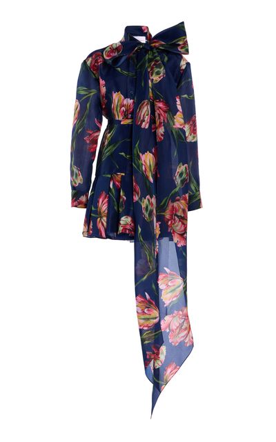 Carolina Herrera Carolina Herrera TieNeck Silk Mini Shirt Dress Navy