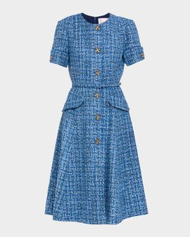 Carolina Herrera Crystal Button-Front Tweed Midi Dress With Belt