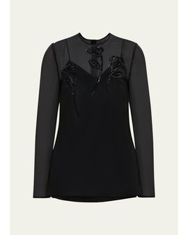 Carolina Herrera Embellished Semi-Sheer Long Sleeve Top