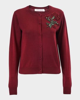 Carolina Herrera Embellished Silk-Cotton Crewneck Cardigan