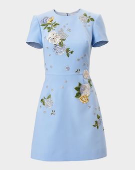 Carolina Herrera Embroidered Short-Sleeve Bow Cutout Mini Dress