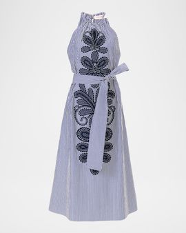 Carolina Herrera Embroidered Striped Cotton Halter Midi Dress