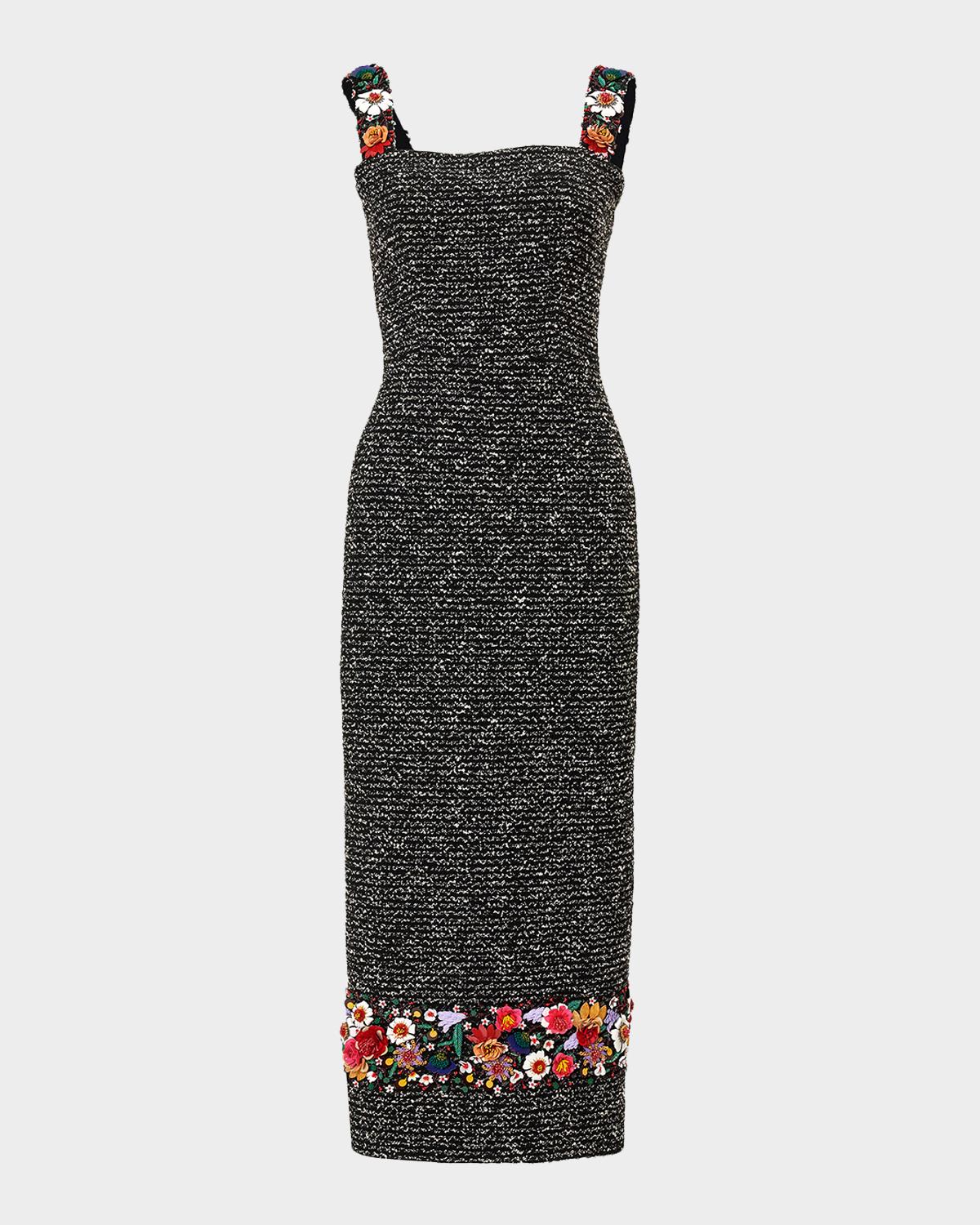 Carolina Herrera Embroidered Tweed Sleeveless Sheath Midi Dress