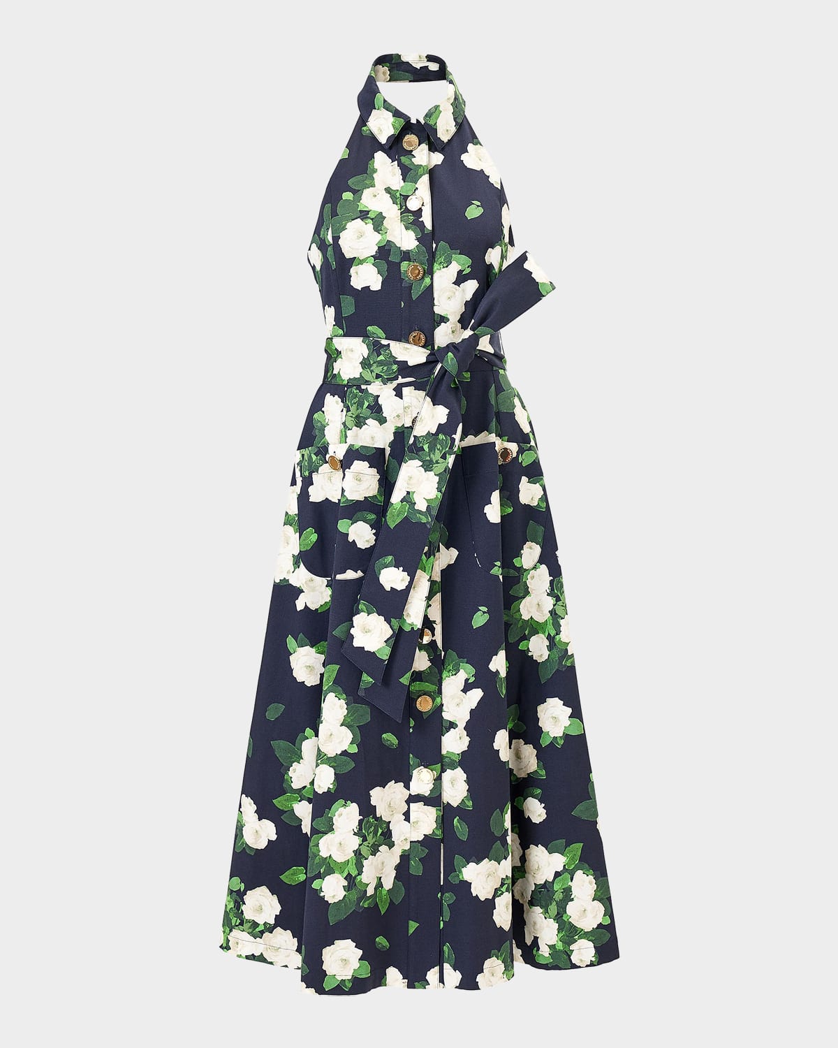 Carolina Herrera Floral Cotton Button-Front Halter Midi Dress