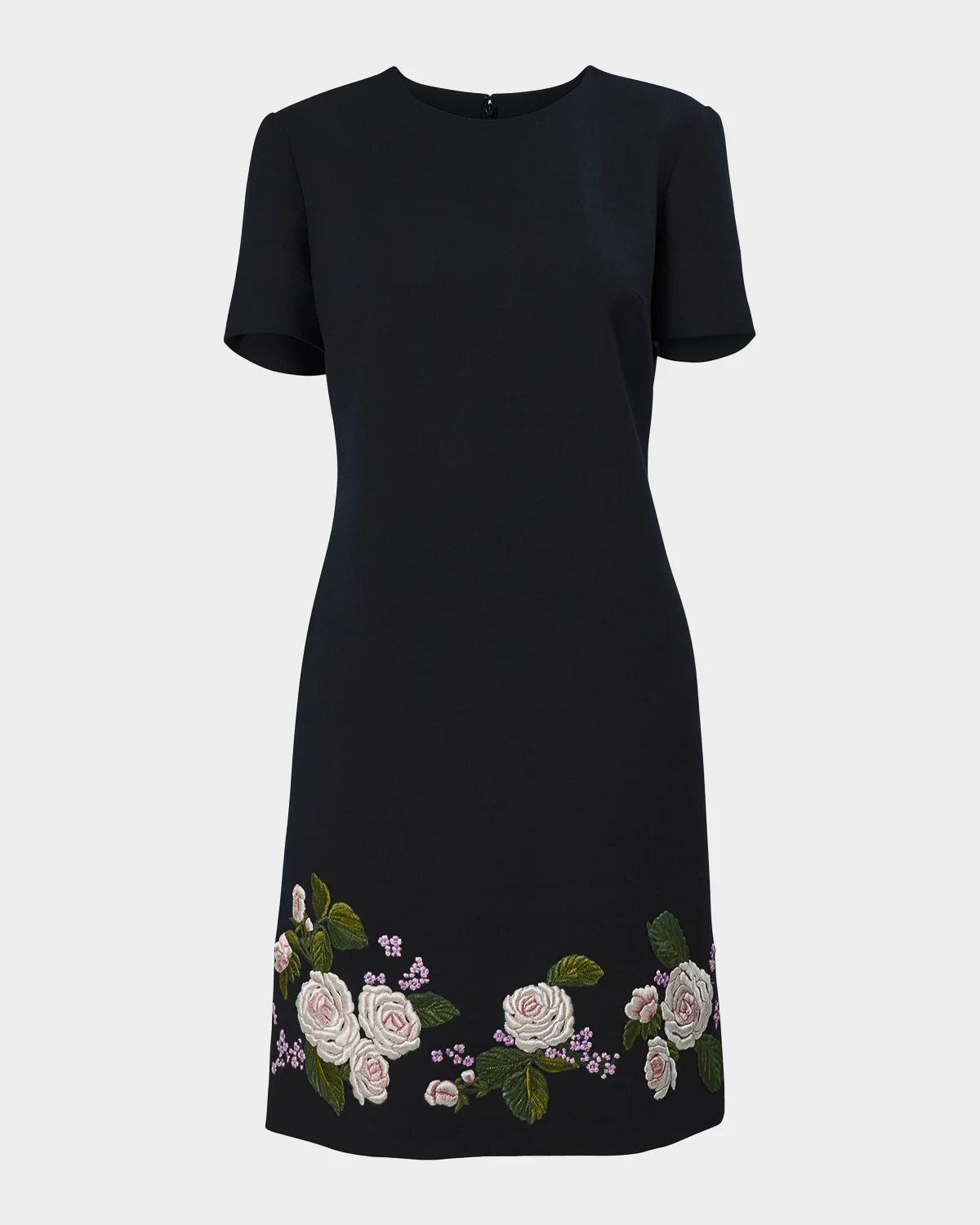Carolina Herrera Floral Embroidered Wool Short-Sleeve Mini Dress