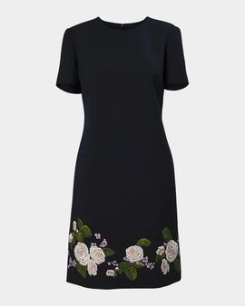 Carolina Herrera Floral Embroidered Wool Short-Sleeve Mini Dress