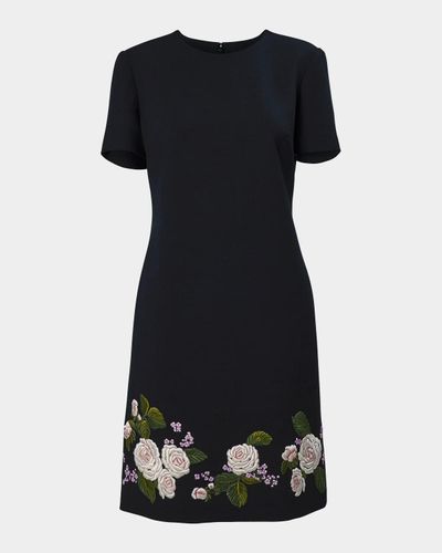 Carolina Herrera Floral Embroidered Wool Short-Sleeve Mini Dress