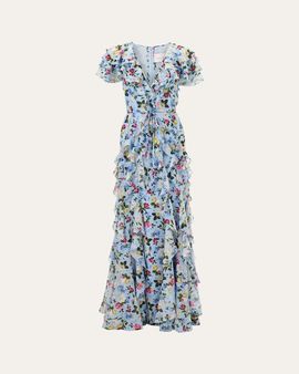 Carolina Herrera Floral Ruffle Chiffon Short-Sleeve Maxi Dress