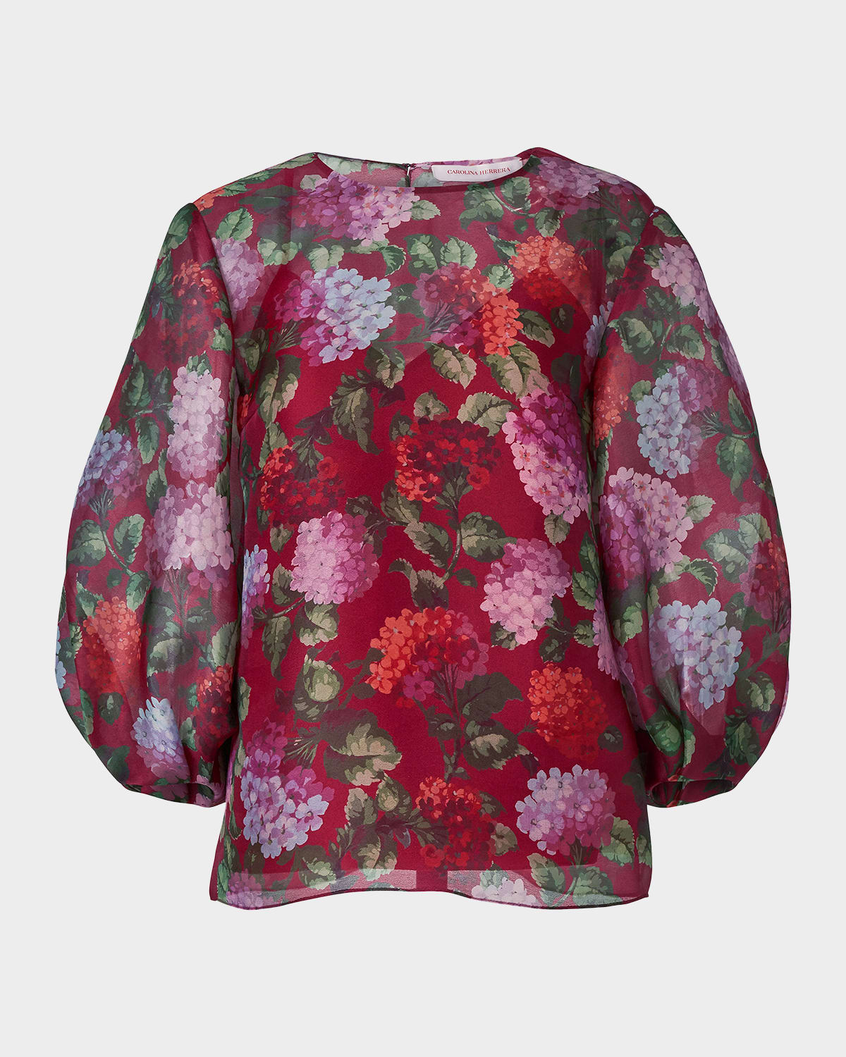 Carolina Herrera Floral Silk Puff-Sleeve Top