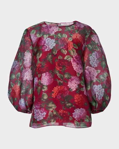 Carolina Herrera Floral Silk Puff-Sleeve Top