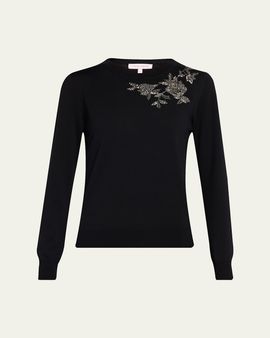 Carolina Herrera Flower Beaded Silk-Cotton Crewneck Sweater