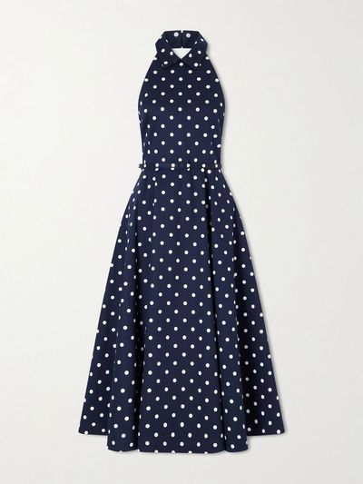 CAROLINA HERRERA Halter belted polka-dot cotton-blend twill midi dress