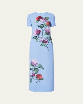 Carolina Herrera Hydrangea-Print Crepe Short-Sleeve Ankle Dress