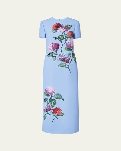 Carolina Herrera Hydrangea-Print Crepe Short-Sleeve Ankle Dress
