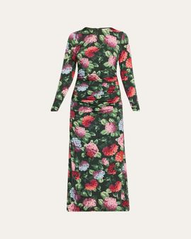 Carolina Herrera Hydrangea-Print Ruched Jersey Long-Sleeve Midi Dress