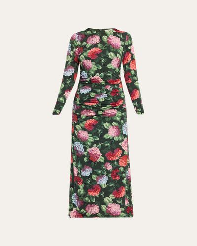 Carolina Herrera Hydrangea-Print Ruched Jersey Long-Sleeve Midi Dress
