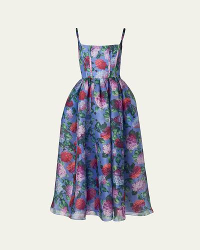 Carolina Herrera Hydrangea-Print Silk Organza Fit-and-Flare Midi Dress