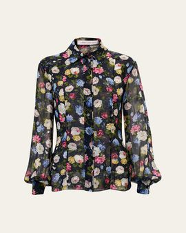 Carolina Herrera Isabella Rose-Print Silk Chiffon Button-Down Shirt