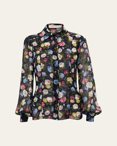 Carolina Herrera Isabella Rose-Print Silk Chiffon Button-Down Shirt
