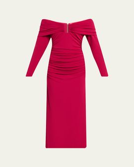 Carolina Herrera Off-The-Shoulder Long-Sleeve Ruched Jersey Midi Dress