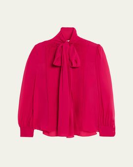Carolina Herrera Pleated Silk Georgette Bow-Neck Blouse