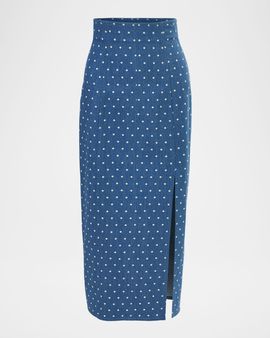 Carolina Herrera Polka-Dot Denim Slit Midi Skirt